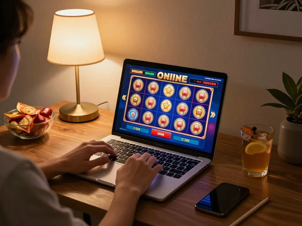 SLOT99 player engages with online slots on laptop, showcasing vibrant interface and cozy gaming environment.