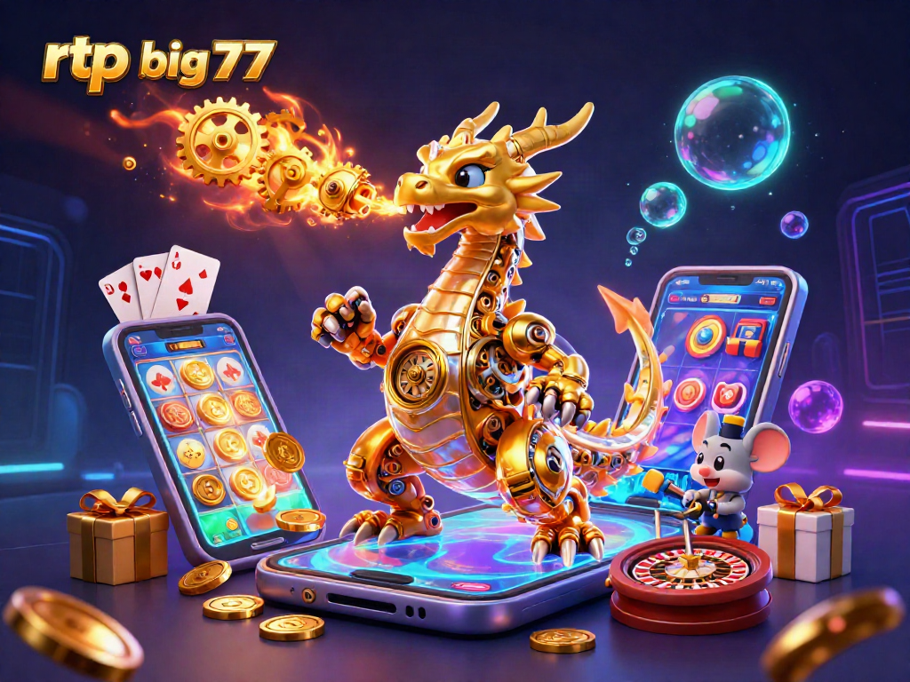 Bermain rtp big777 dengan naga emas dan berbagai elemen kasino 3D yang dinamis.