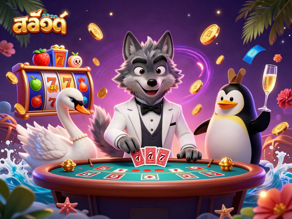 Experience สล็อต excitement with a debonair wolf at a baccarat table and vibrant slot symbols