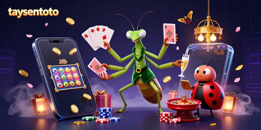 Taysentoto features dynamic characters mixing casino elements in a vibrant online gaming scene.