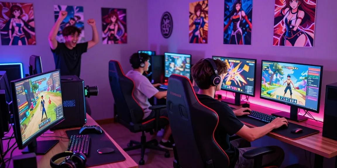Engaged gamer playing hentai games in a vibrant gaming setup.