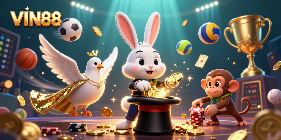 Experience the thrill of VIN88 with a whimsical scene of a magician rabbit, coins, and playful characters, showcasing dynamic gaming.