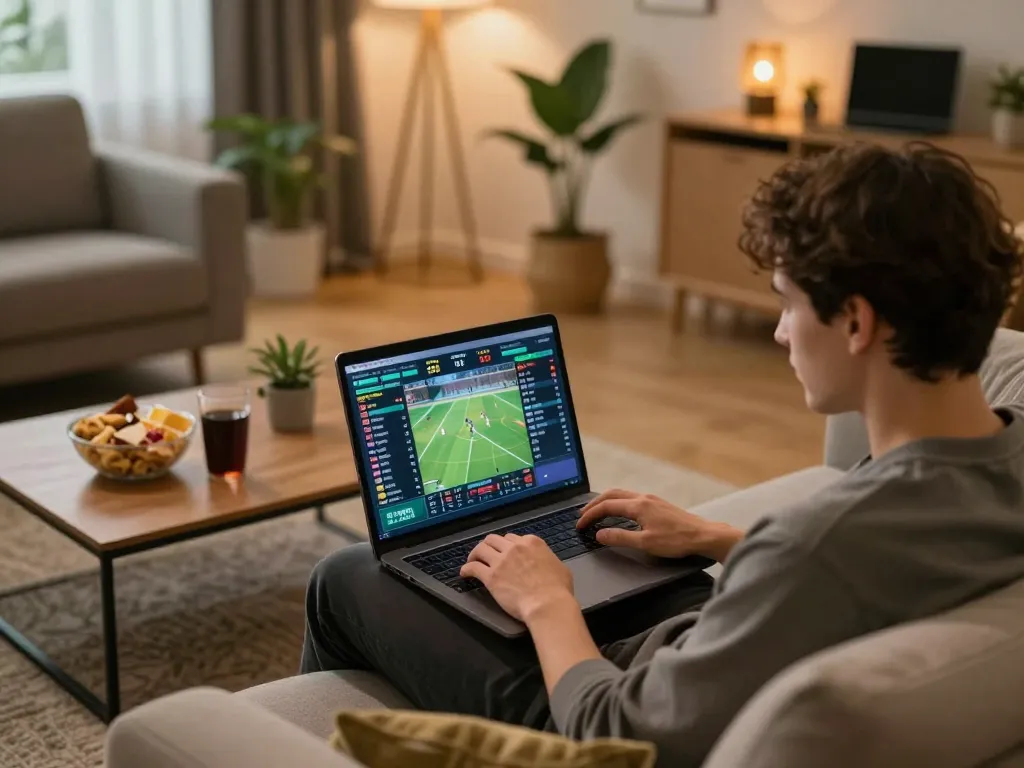 Engaged player at home using lu88. com for online sports betting with vibrant odds displayed.