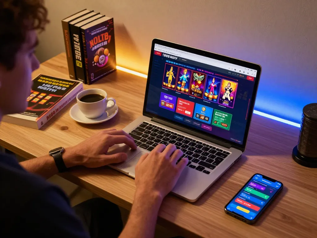 Playing on RR88 NAVY online platform with laptop and smartphone in a cozy setup