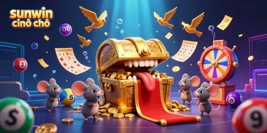 Engaging scene illustrating sunwin chính chủ with golden treasure chest, vibrant lottery elements, and a playful atmosphere.