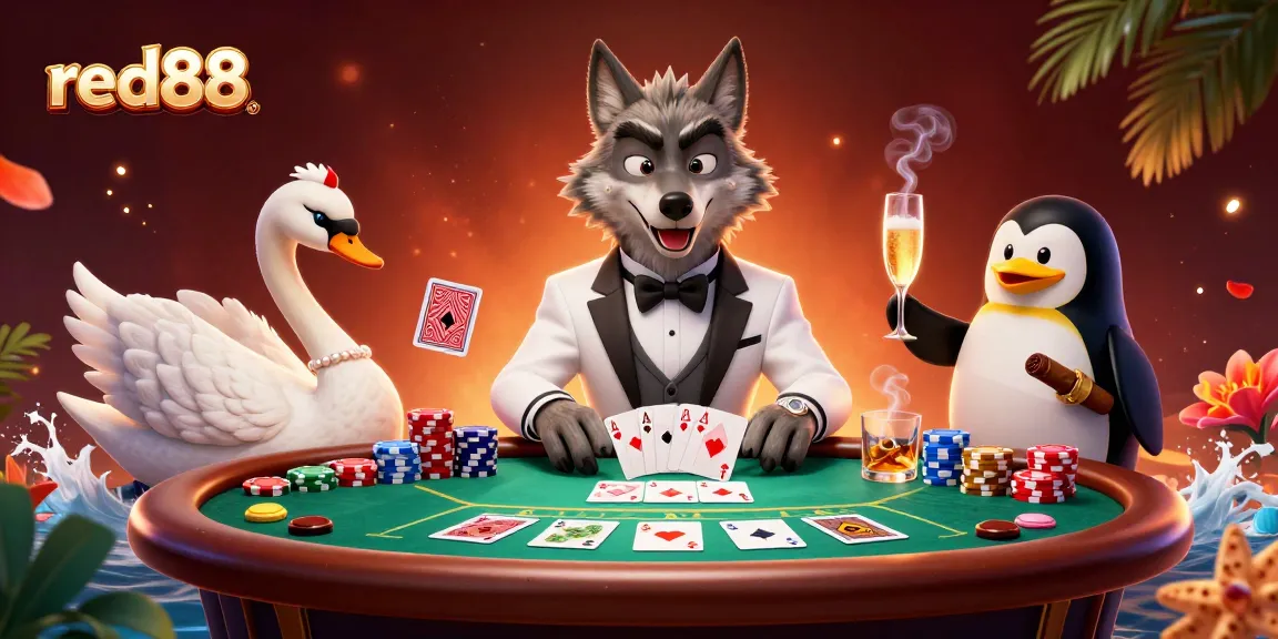 Experience the excitement of red88 with vibrant characters at a baccarat table, surrounded by poker elements and rich details.
