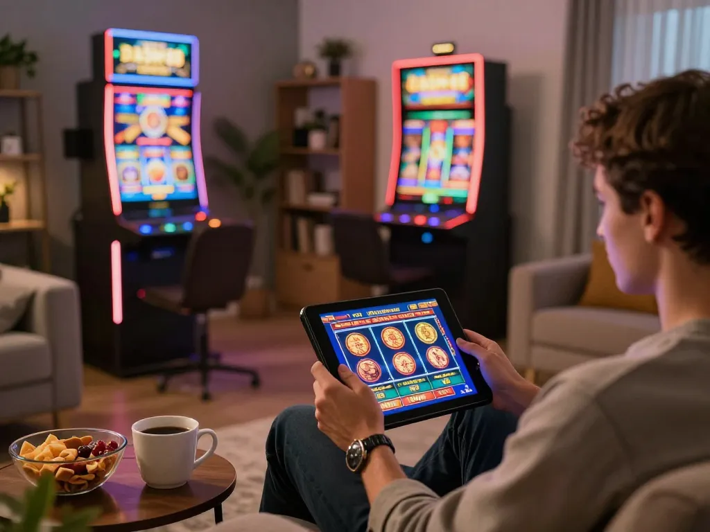 Play dash88 slots on a tablet, enjoying an immersive online casino experience in a cozy home.
