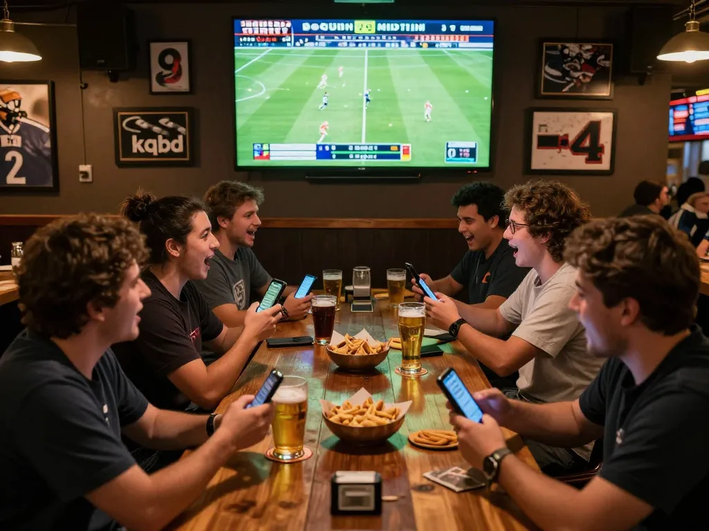 Excited sports fans place bets on kqbd during a live football match at a sports bar.