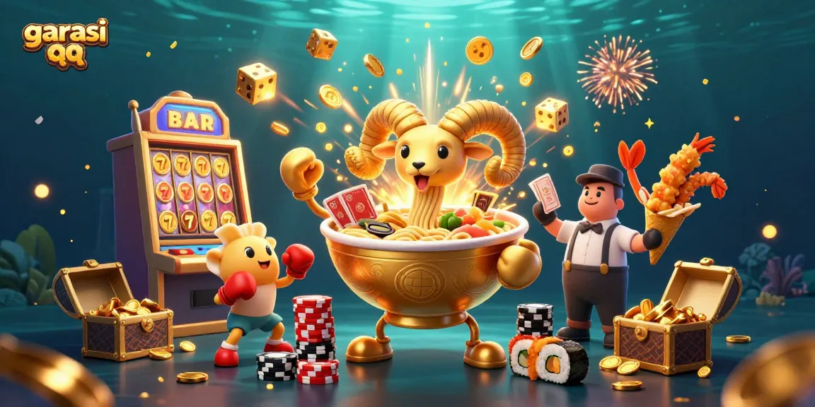 Experience excitement with garasi qq as a golden ramen bowl deals cards amid lively casino elements.