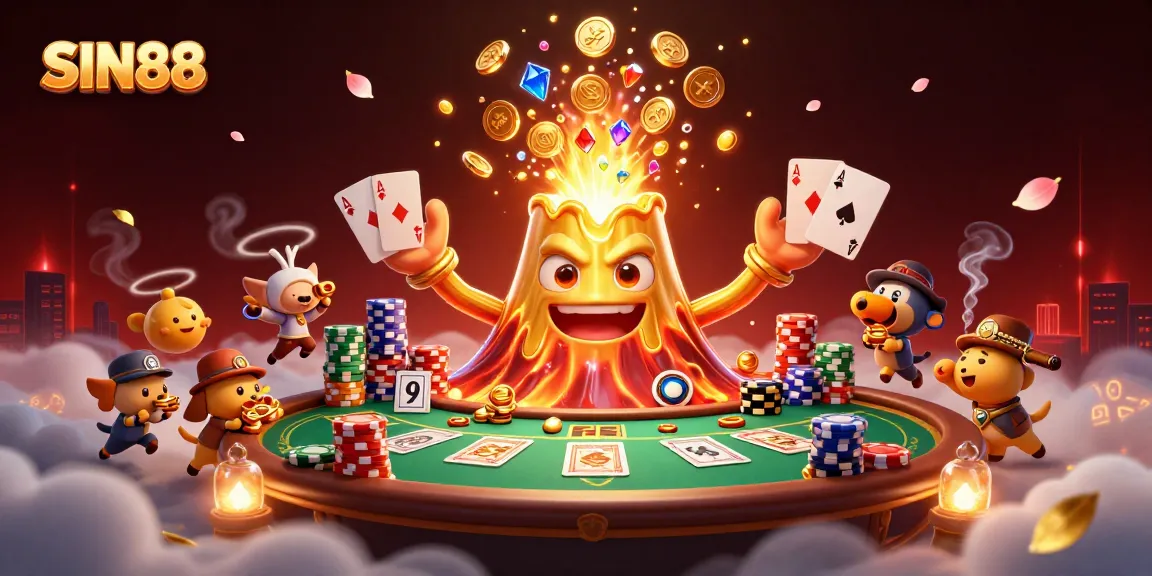 SIN88 showcases an erupting golden volcano spilling treasures while animals flee, amidst poker gaming elements.
