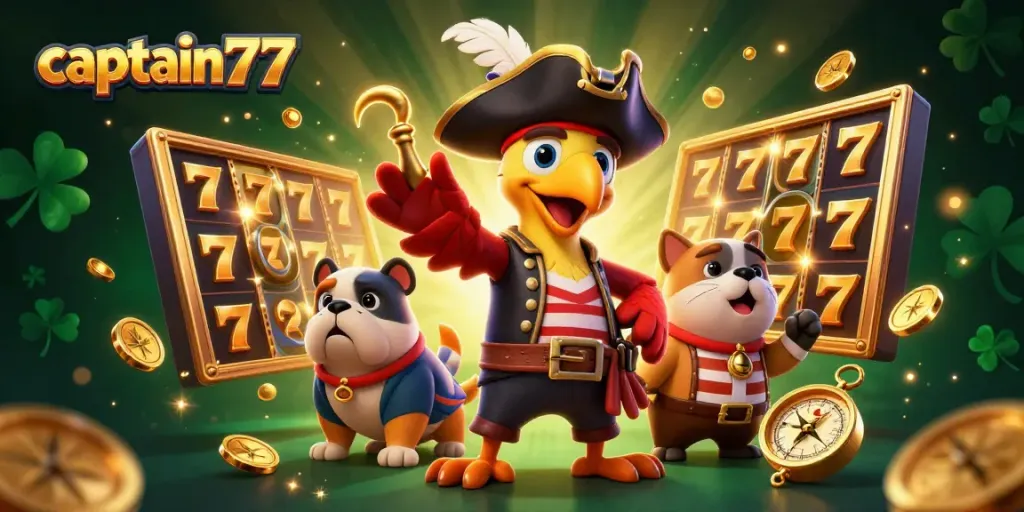 Engage in thrilling slots action with captain77 in a vibrant pirate-themed casino scene.