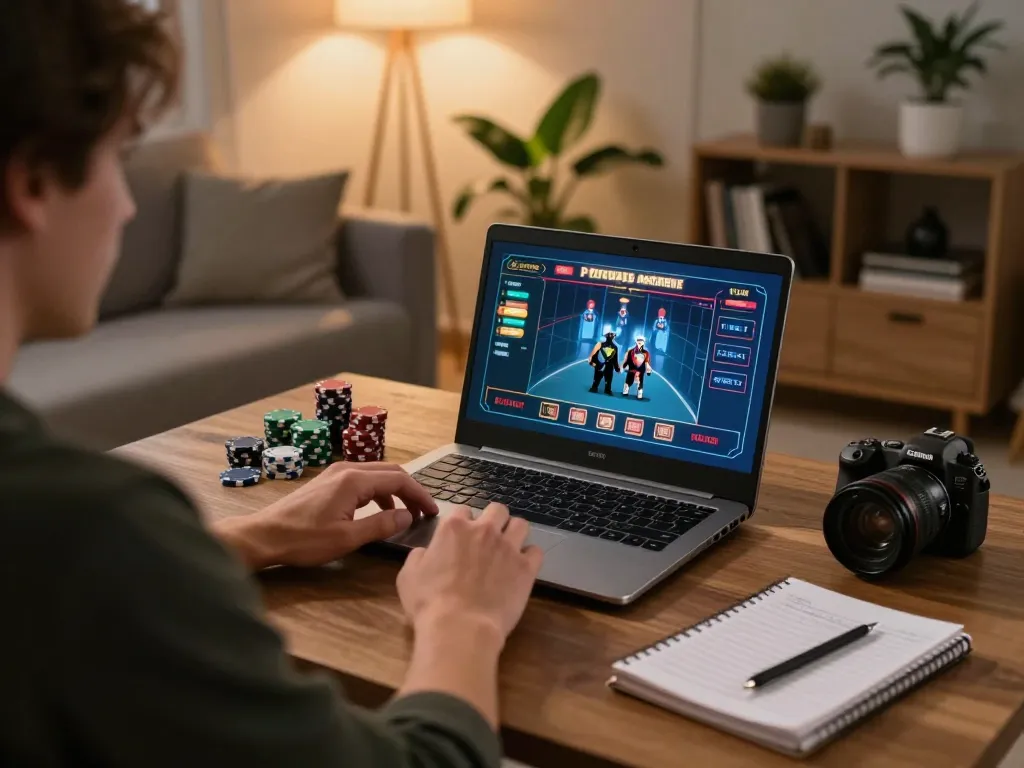 Engaged in online casino gaming, a cozy home scene showcasing goldleafrestaurant and strategic betting atmosphere.