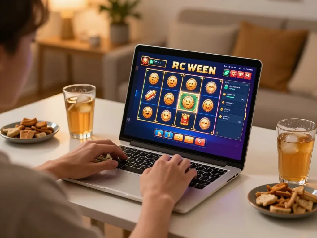 Memainkan slot demo PG Soft Lengkap di laptop dalam pengaturan rumah yang nyaman dengan minuman dan dekorasi.