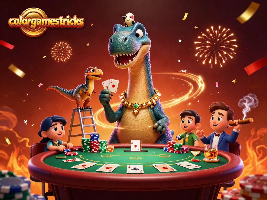 Engage with colorgamestricks in this vibrant casino scene featuring a playful brontosaurus and clever raptor.