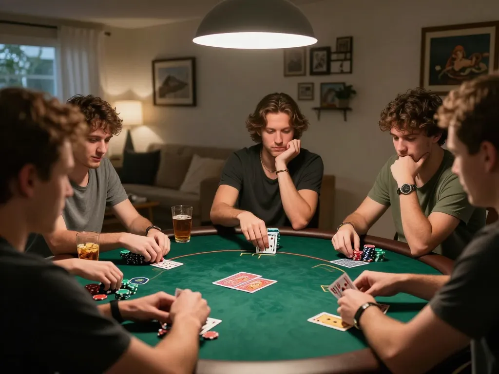 Friends engaged in a thrilling home poker night, practicing idn poker strategies with focused expressions and stacks of chips.