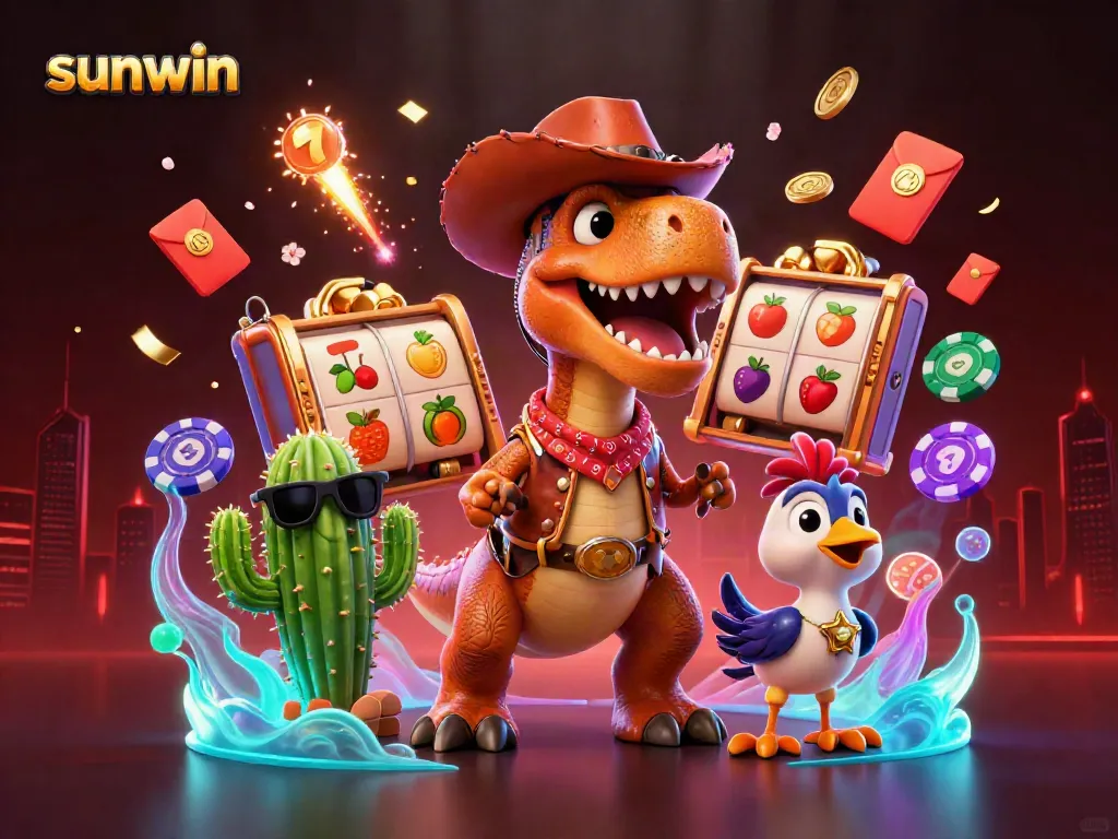 Engage in thrilling gameplay at sunwin with vibrant slots and animated characters in a dynamic scene.