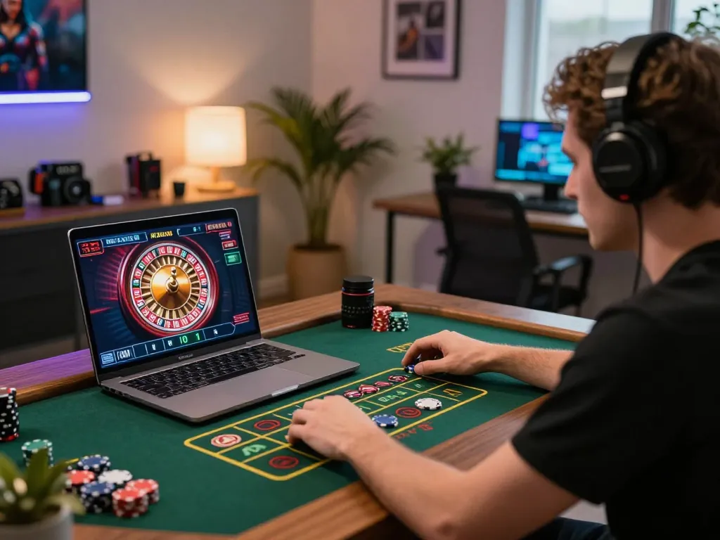 Player enjoying live dealer game on laptop while using LGOSUPER for online gambling.