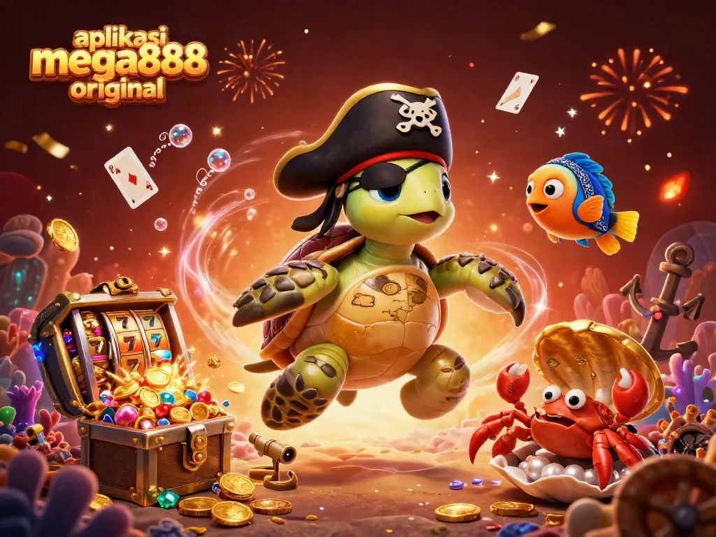 Engage with the aplikasi mega888 original through a vibrant 3D cartoon scene featuring a pirate turtle, hermit crab, and parrotfish.