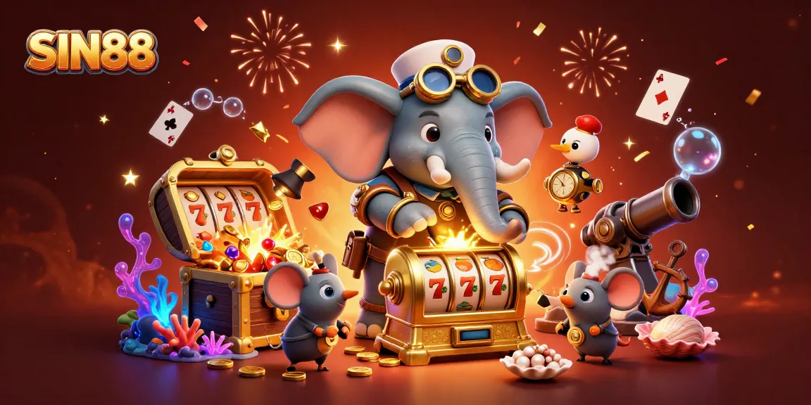 SIN88 slot machine adventure with steampunk elephant engineer and treasures bursting forth