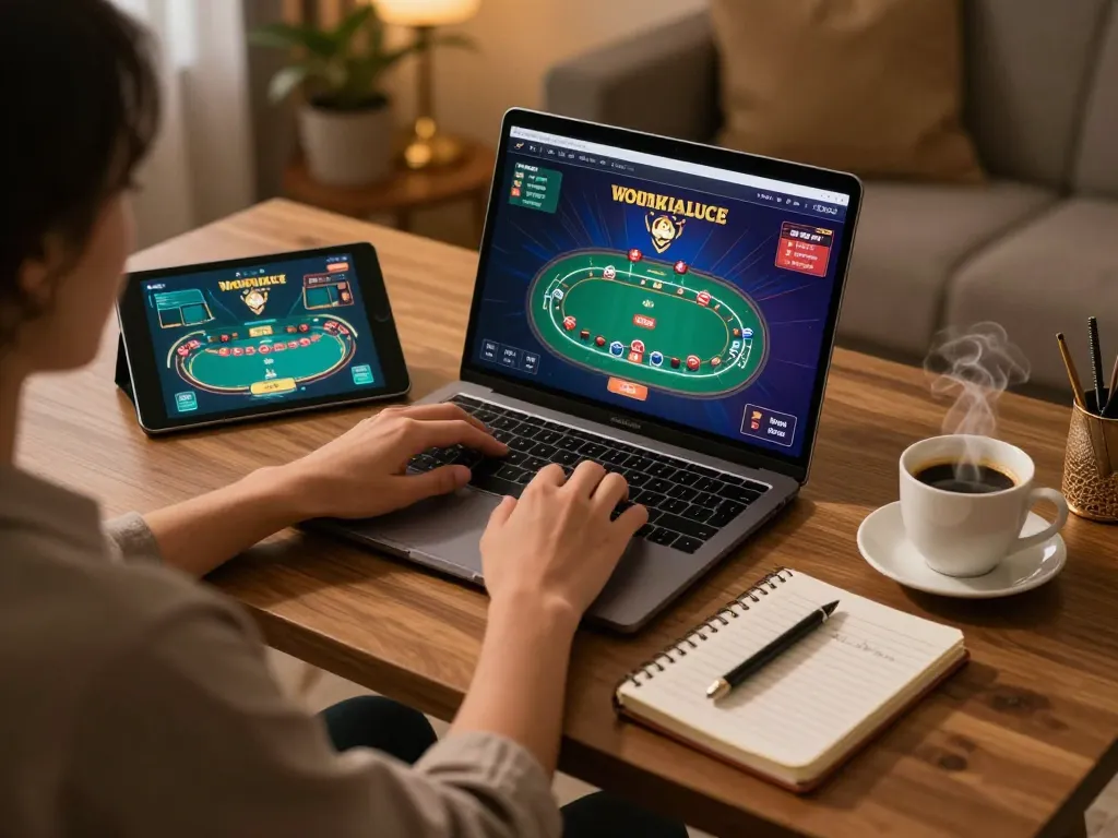 Engaged player at home using CM88 platform for online casino gaming with stylish laptop setup.