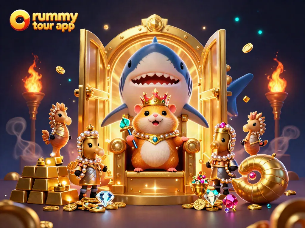 Aplikasi rummy tour menampilkan ilustrasi raja hamster emas dengan pengawal kuda laut di latar belakang harta karun