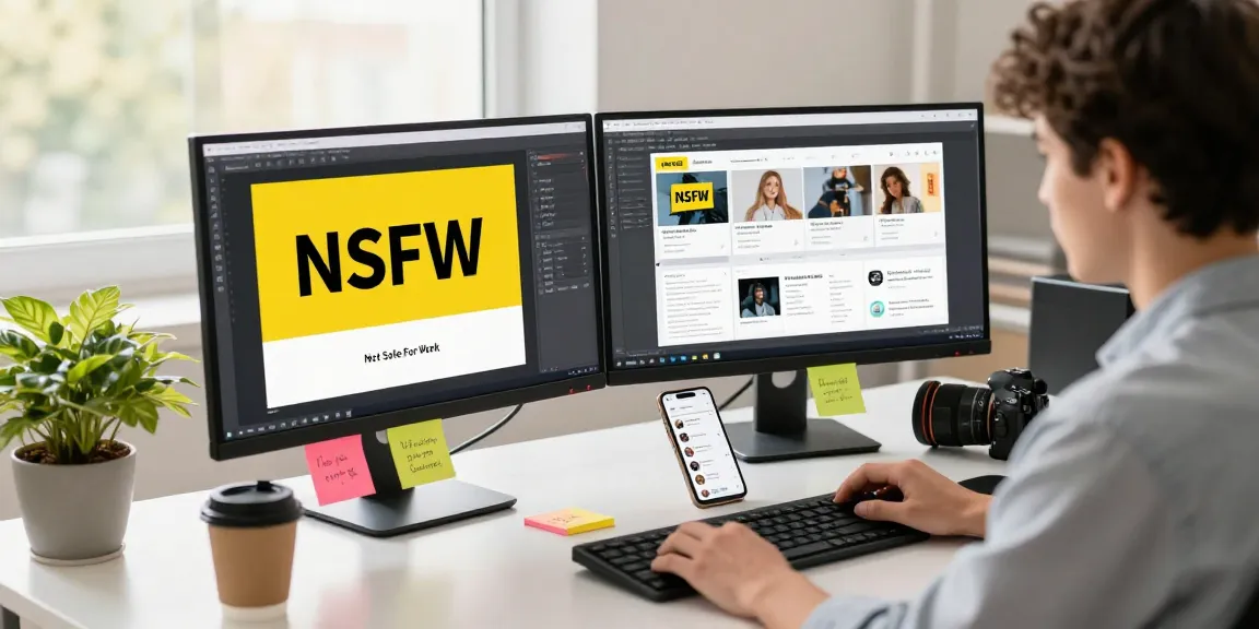 Engaging workspace showcasing NSFW digital content creation with dual screens and casual creator.