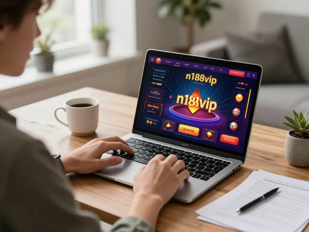Person playing n188vip casino games on a laptop in a cozy room