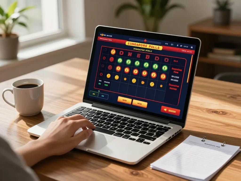 Monitor displaying pengeluaran singapore live draw results while a hand prepares to place a bet.