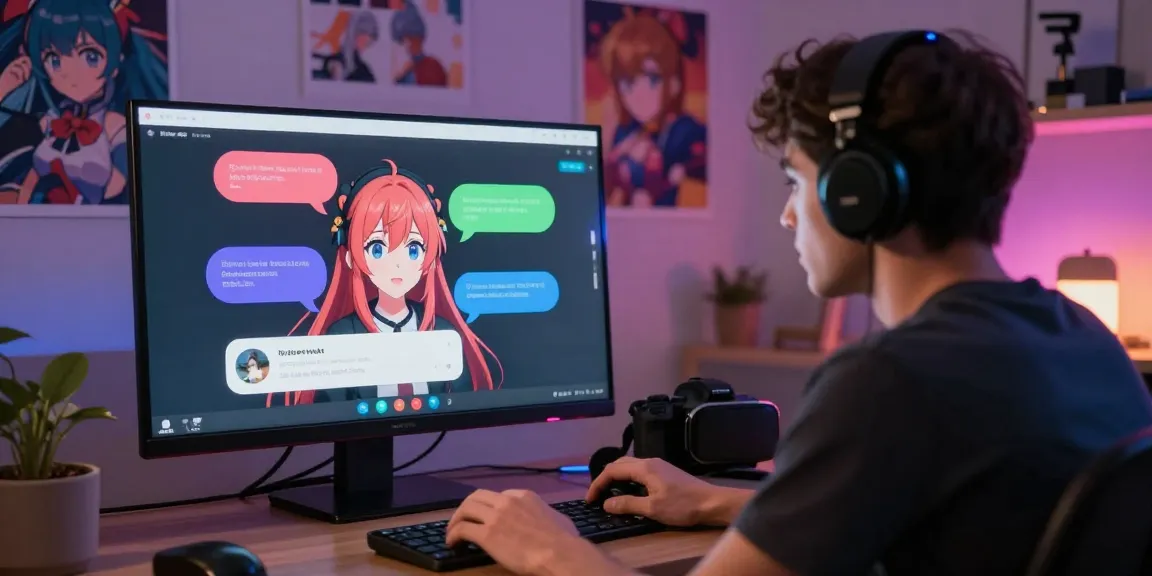 Engaging ai hentai chat with vibrant anime character avatar in a cozy digital space.