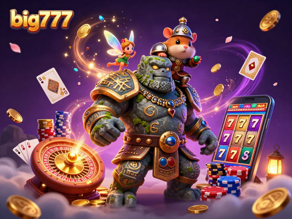 Experience big777 excitement with slots, jackpots, and colorful casino elements in this vibrant illustration.