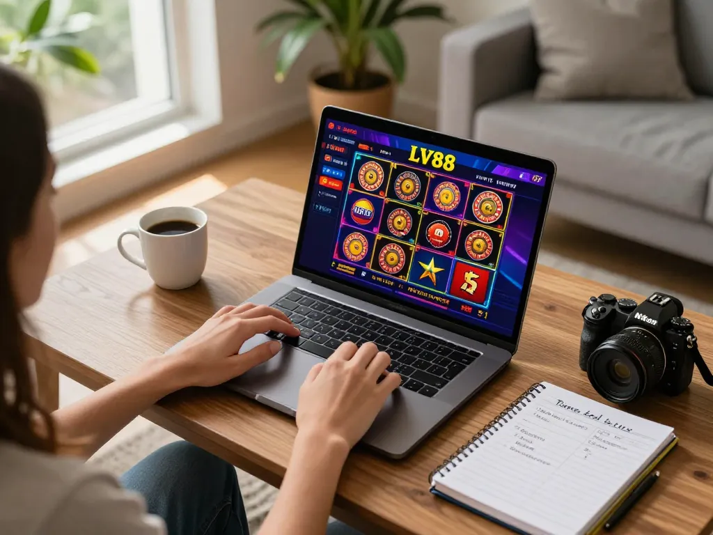 Player engaging in online gambling at LV88 with vibrant interface and cozy home setting.