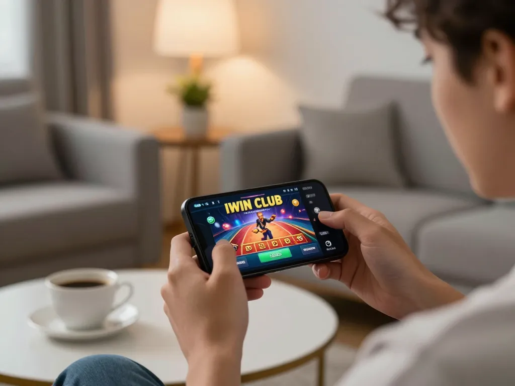 IWIN CLUB app interface on smartphone showcasing exciting casino games in a cozy gaming setup.