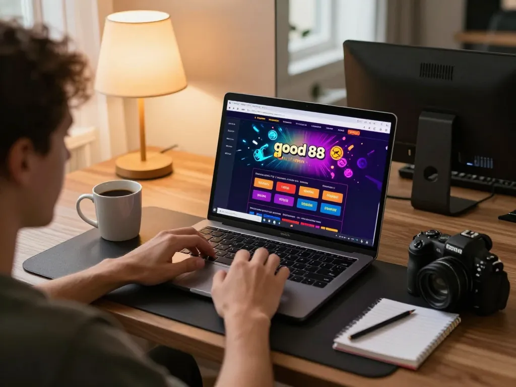 Person engaging in responsible gaming on good88 online casino at home with cozy ambiance.