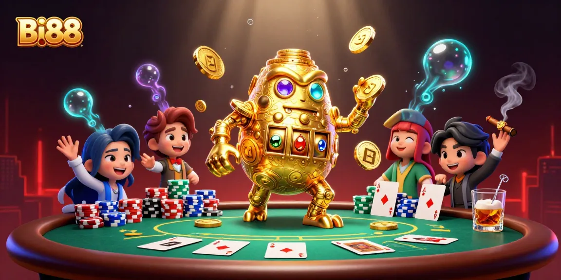 Experience thrilling poker action in a lively BI88 casino atmosphere with a golden golem and vibrant game elements.