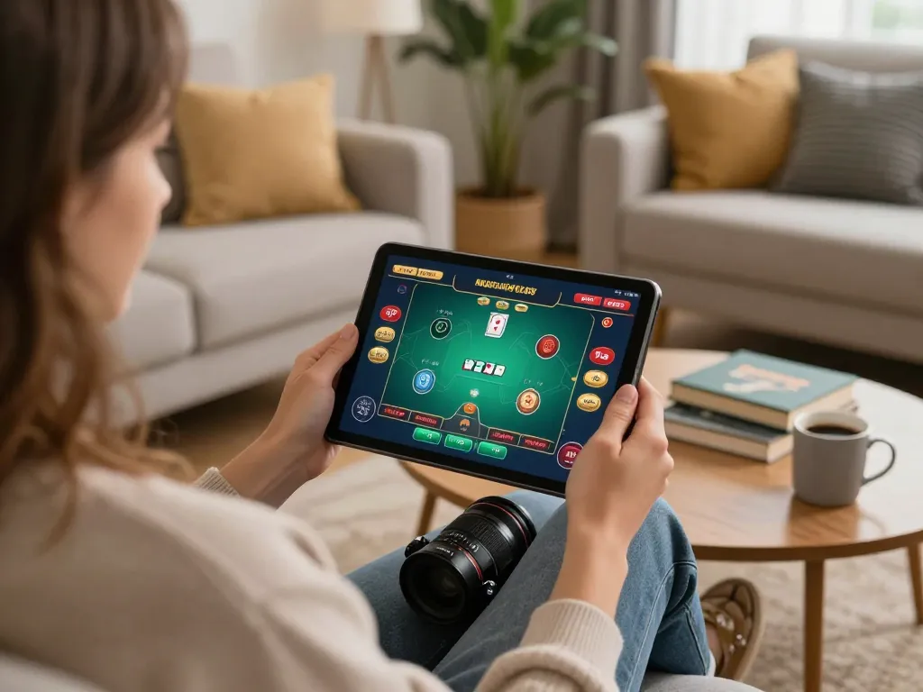 Player engaging in an exciting live poker game using the kkwin tablet in a cozy home environment.