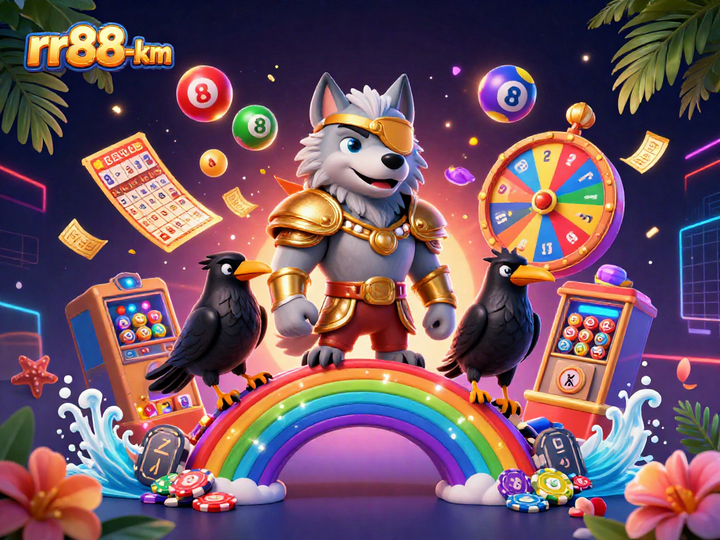 Experience thrilling moments with rr88-km lottery balls and vibrant game features in this 3D illustration.