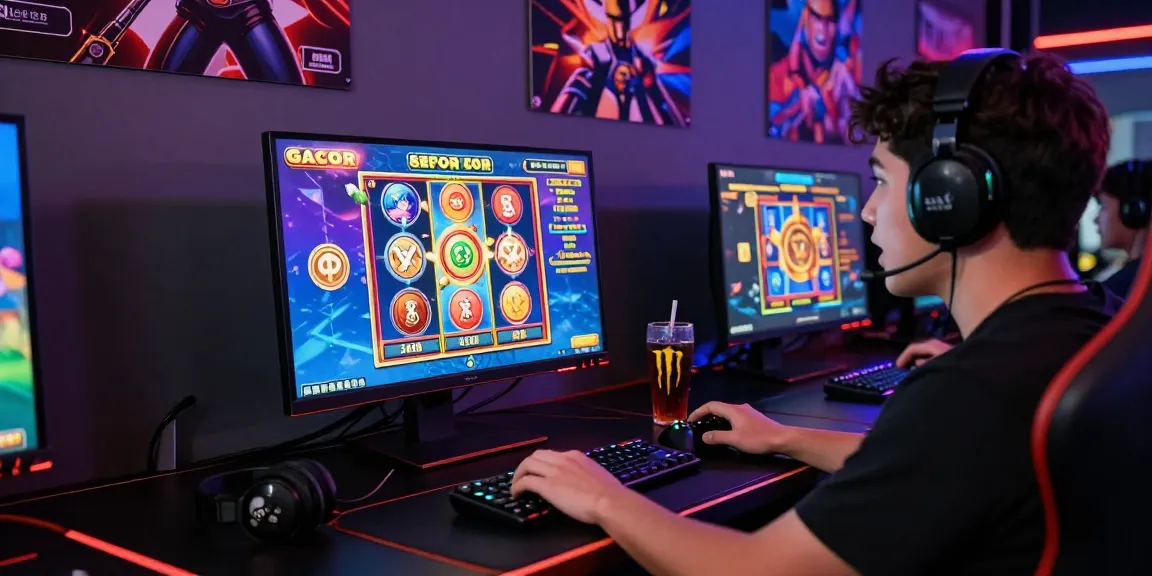 Engaged gamer experiencing the excitement of a slot gacor game on a high-resolution monitor, surrounded by vibrant gaming environment.