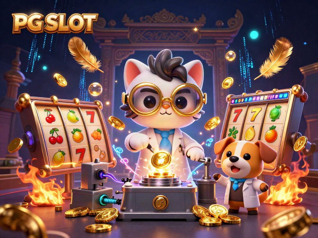 Experience PG SLOT excitement in a vibrant 3D scene with a mad scientist cat and golden treasures.