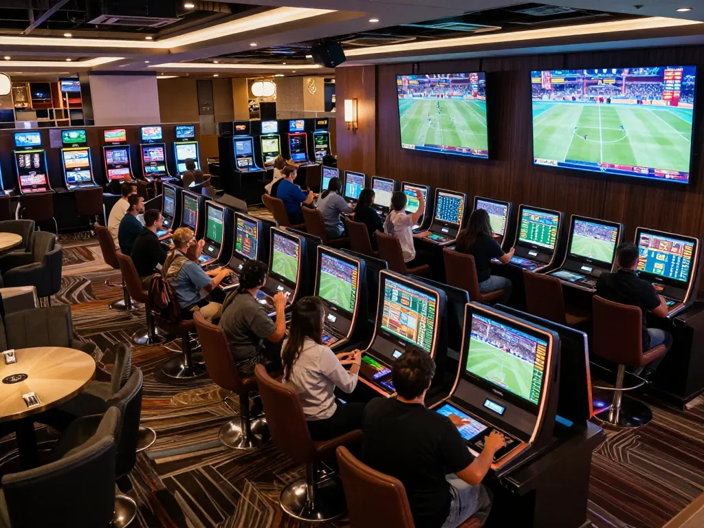 Engaged bettors strategize with live odds at an OK FUN sports betting lounge.