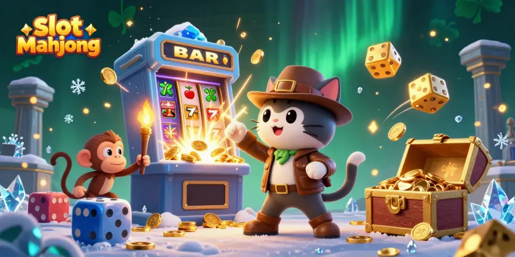 Experience the thrill of slot mahjong with an exciting 3D scene of a cat archaeologist and monkey companion amidst gold and jackpots.