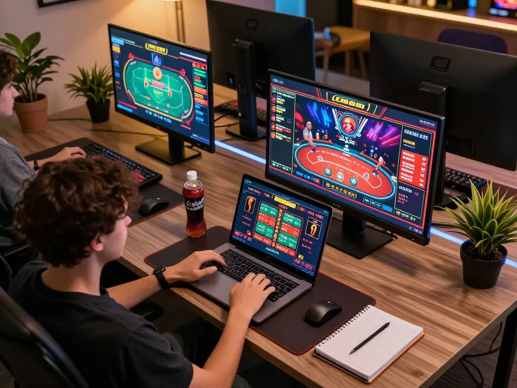 Engaged player using cm88 casino app on laptop at home gaming setup.