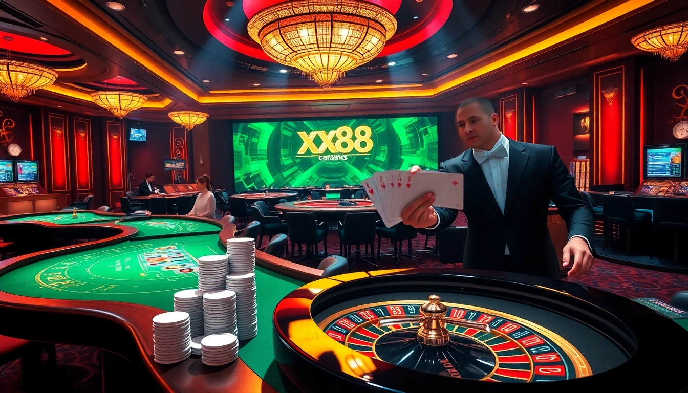 Experience the excitement of XX88 with a vibrant gambling scene showcasing casino games and online betting.