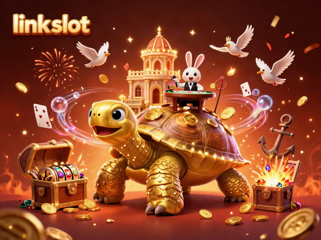 Menangkan jackpot dengan link slot di kasino virtual, dikelilingi koin emas dan permainan yang menghibur.