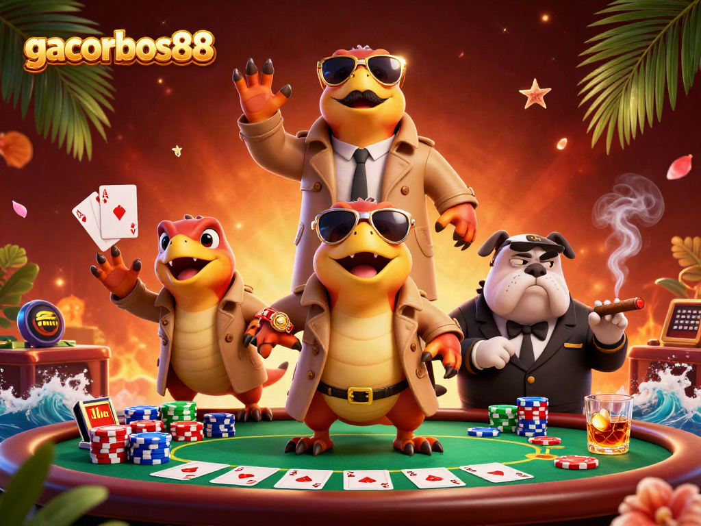 Experience gacorbos88 with thrilling poker action featuring animated raptors entering a casino.