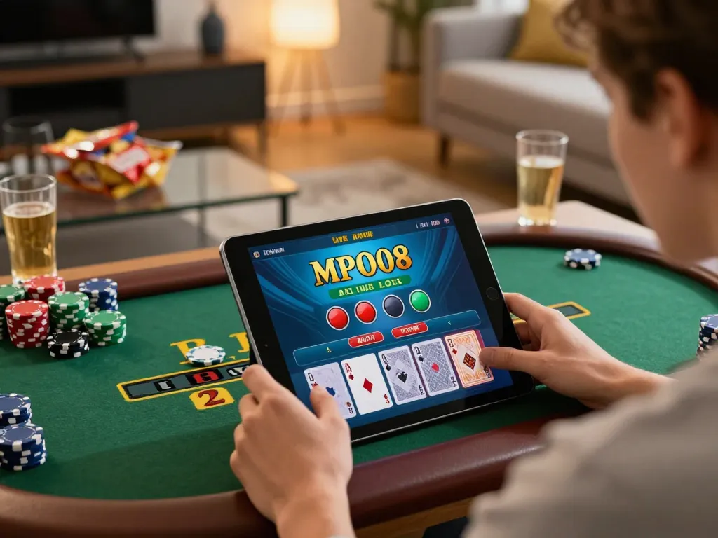 MPO08 user engaging in thrilling online blackjack, showcasing dynamic gameplay and modern setup.