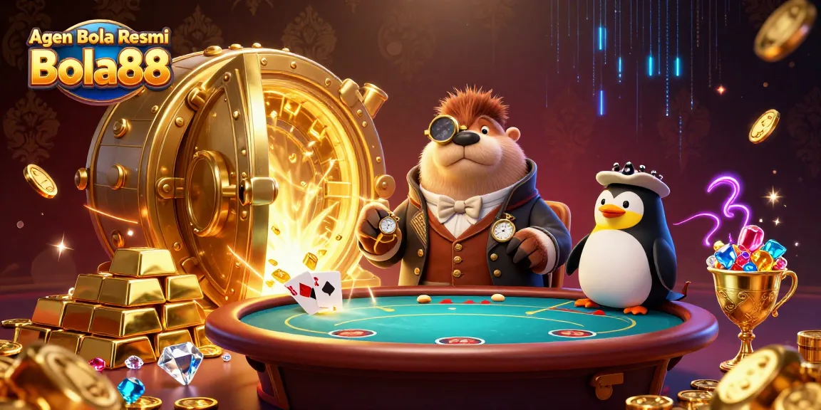 Engage with Agen Bola Resmi Bola88 in an underwater poker showdown featuring a jolly walrus and dynamic characters.
