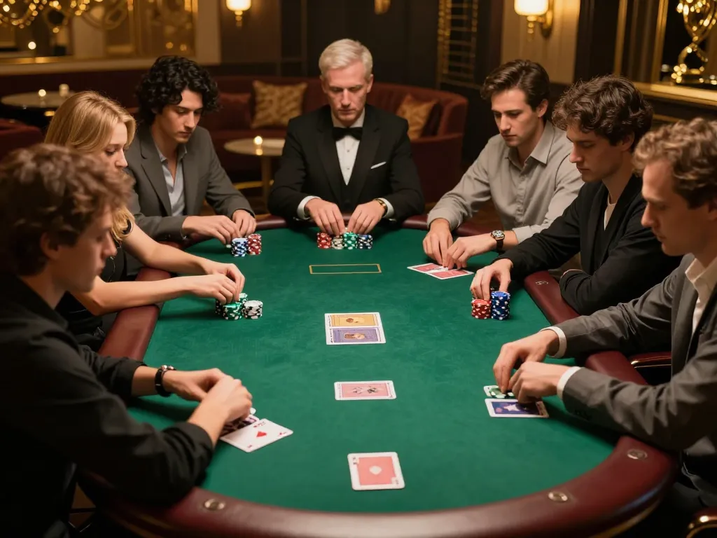MPO08 high-stakes poker players strategizing their bets at a private table in an upscale setting.