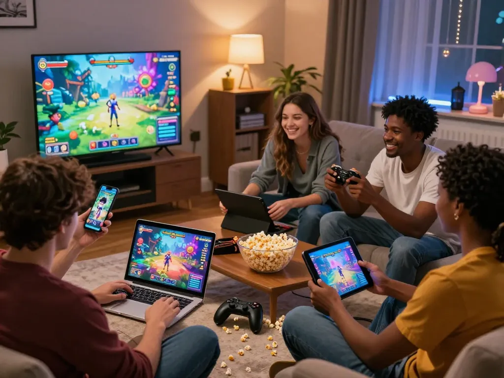 Players enjoying interactive porngames in a cozy living room setting with multiple devices.