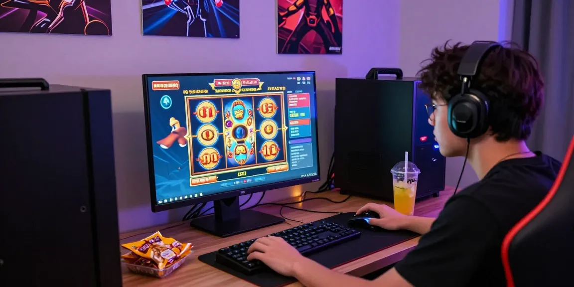 Pemain serius menikmati pengalaman situs slot gacor dengan grafis hidup di layar, perangkat gaming modern, dan suasana yang mengasyikkan.