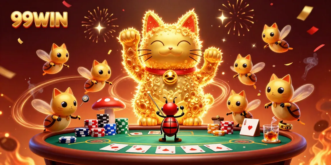 Experience the excitement at 99WIN with a vibrant casino scene full of lucky symbols and action.